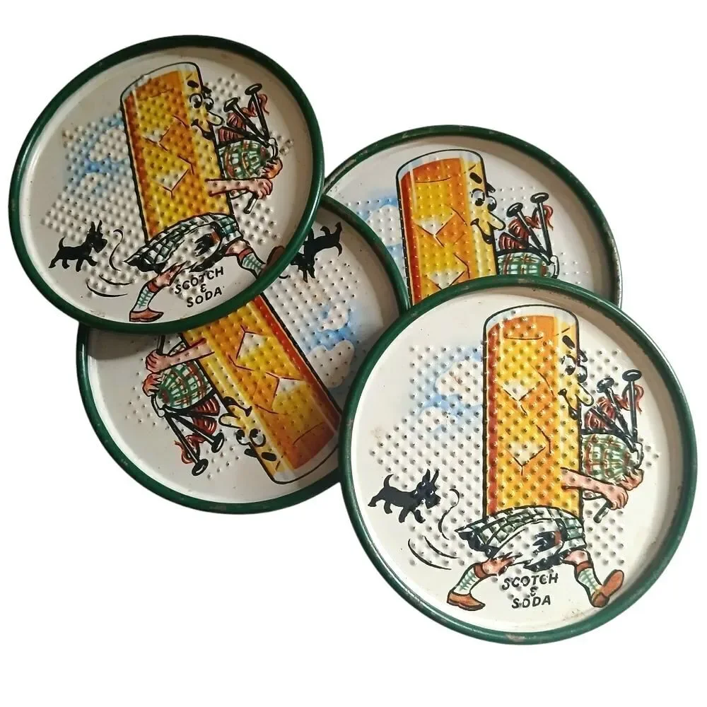 1950's Tin Litho Drink Coasters Scotch Soda Daiquiri Vintage 8 Set